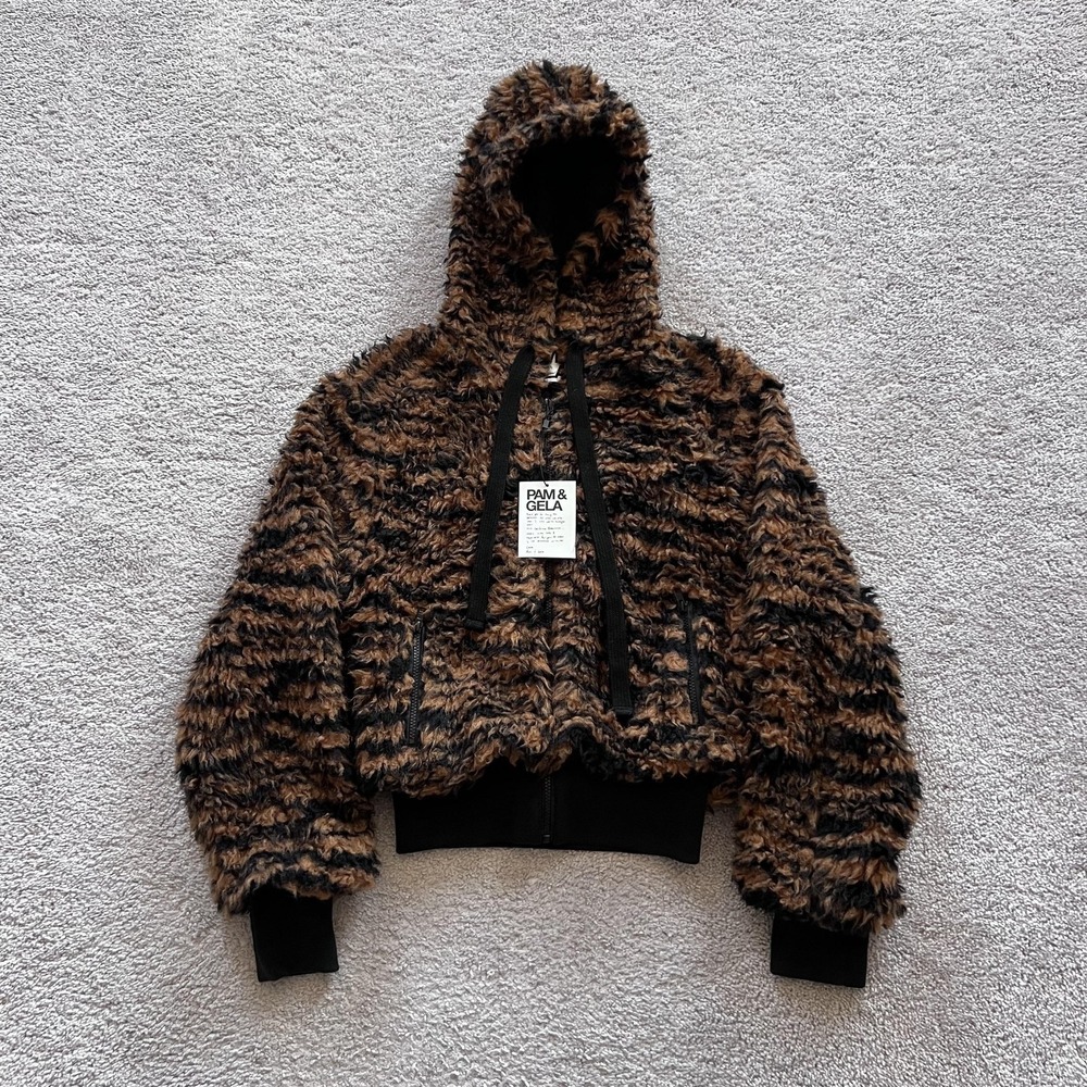 Pam & Gela Faux Fur Fleece Hooded Bomber Jacket Womens Small Brown Tiger Print
